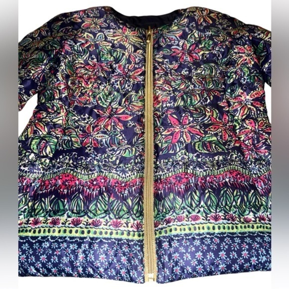 EUC Lilly Pulitzer Reversible Puffer Coat Jacket Gold Not Too Catty Navy Small - Picture 1 of 10